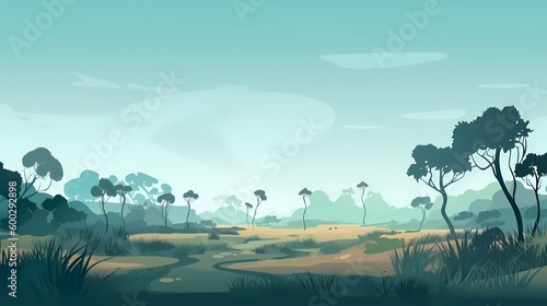 2d savvana daylight landscape background vector, blue sky, flat vector Generated ai photo