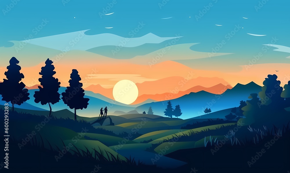 Beautifull daylight landscape background vector, blue sky, flat vector Generated ai
