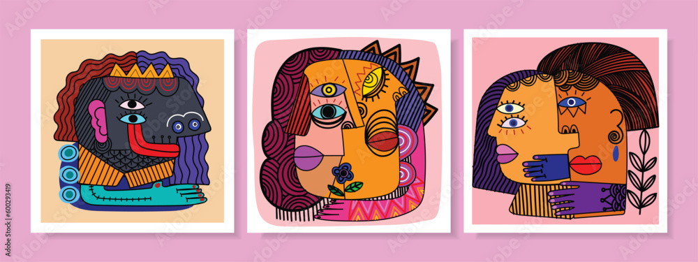 Set of colorful abstract face portraits as a cubism wall art vector illustration. Decorative geometric shape flat graphics design.