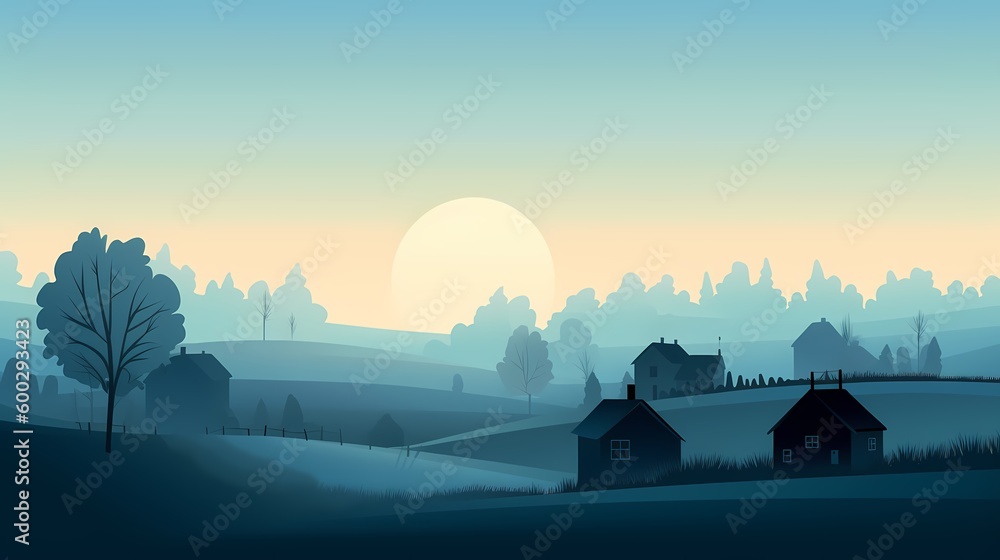 daylight village landscape background vector, blue sky, flat vector Generated ai