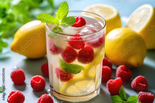022_ice-cold lemonade with mint and raspberries, Generative AI