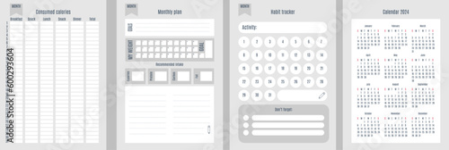 Template for tracking calories consumed, building new habits, monthly planning and calendar for 2024