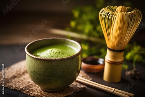 043_Japanese matcha green tea with frothy top and bamboo whisk, Generative AI
