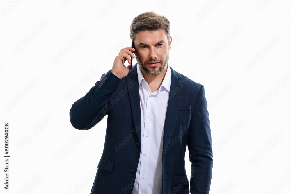 Portrait of handsome business man in suit using smartphone, chatting, making post on social media. Business man call on phone isolated over studio background. Blogger talking on phone. Portrait of handsome business man in suit using smartphone, chatting, making post on social media. Business man call on phone isolated over studio background. Blogger talking on phone.