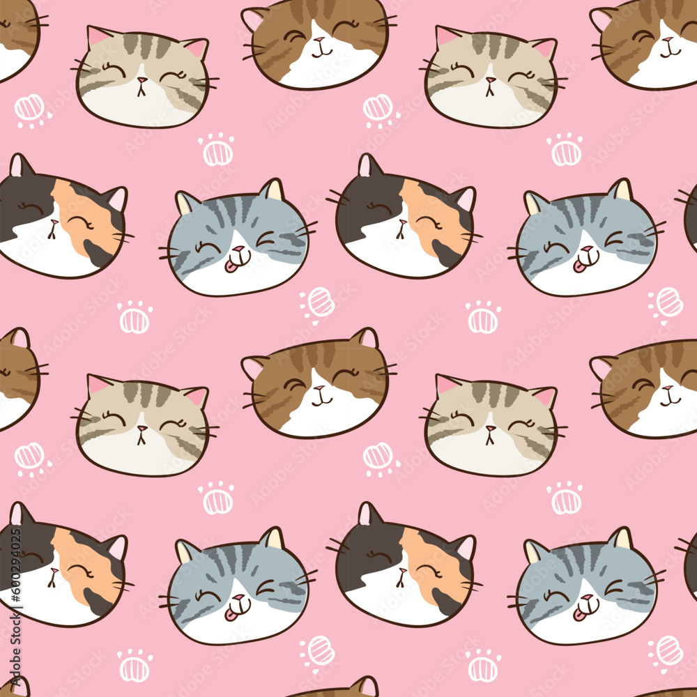 Seamless Pattern with Cute Cat Face Design on Pink Background