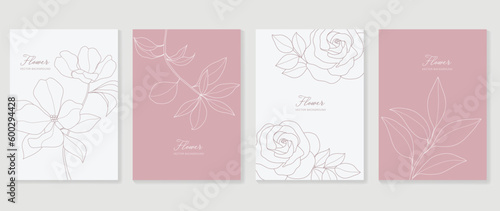 Minimal floral vector background cover. Plant hand drawn with copy space for text and line art flower and leaf branch in pastel colors. Botanical design suitable for banner, cover, invitation.