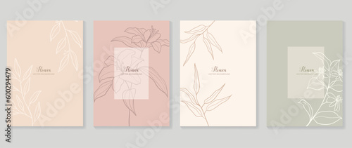 Minimal floral vector background cover. Plant hand drawn with copy space for text and line art flower and leaf branch in pastel colors. Botanical design suitable for banner, cover, invitation.