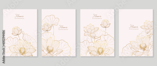 Luxury floral vector background cover. Plant hand drawn with copy space for text and gold line art lotus  flower, leaf branch in pastel colors. Botanical design suitable for banner, cover, invitation.