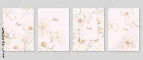 Luxury floral vector background cover. Plant hand drawn with copy space for text and gold line art flower and leaf branch in pastel colors. Botanical design suitable for banner, cover, invitation.
