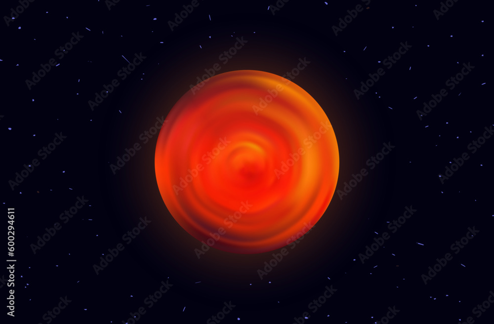 Orange ball, a bright flash, plasma. Fiery surface sun in space, a round, burning ball. Flame, moving, living energy, explosion in the universe. Light emission, star shine, magical effect. Vector.