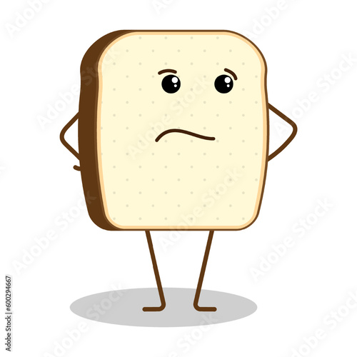 Funny piece of bread character with puzzled dissatisfied face expression. Diet and proper nutrition, adherence to daily diet. Flat vector isolated on white background