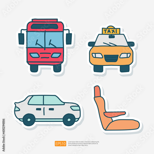 School Bus, Taxi, Sedan Car, Car Seat Doodle Sticker Vector Illustration