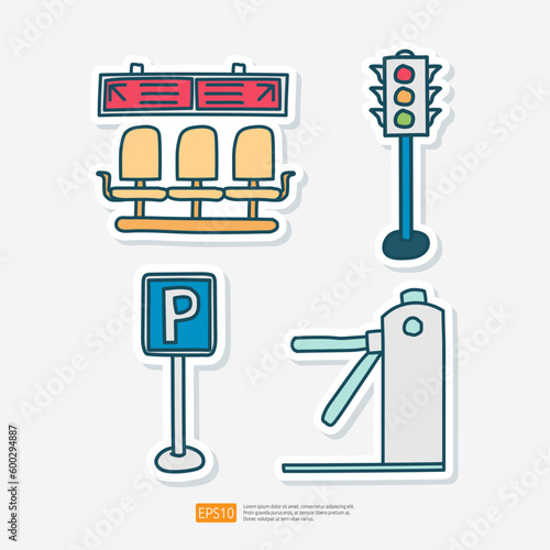 Parking Zone Sign, Traffic Light, Turnstile Gateway, Bus Terminal Waiting Seat Doodle Sticker Set Vector Illustration