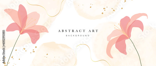 Spring floral in watercolor vector background. Luxury flower wallpaper design with lily flowers, line art, golden texture. Elegant gold botanical illustration suitable for fabric, prints, cover.