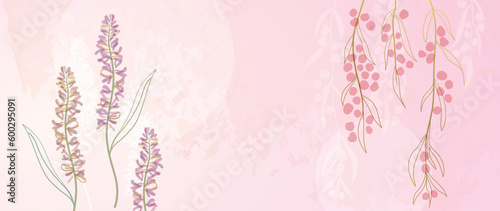 Spring floral in watercolor vector background. Luxury flower wallpaper design with lavender flowers, line art, golden texture. Elegant gold botanical illustration suitable for fabric, prints, cover.