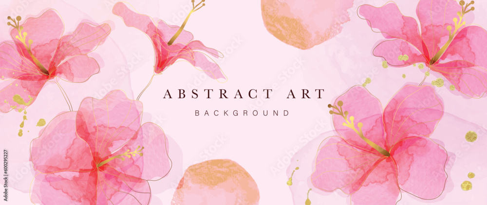 Spring floral in watercolor vector background. Luxury flower wallpaper design with hibiscus flowers, line art, golden texture. Elegant gold botanical illustration suitable for fabric, prints, cover. - obrazy, fototapety, plakaty 