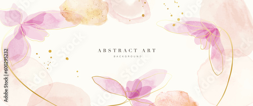 Spring floral in watercolor vector background. Luxury flower wallpaper design with wild flowers, line art, golden texture. Elegant gold botanical illustration suitable for fabric, prints, cover.