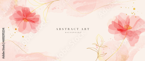 Spring floral in watercolor vector background. Luxury flower wallpaper design with wild flowers, line art, golden texture. Elegant gold botanical illustration suitable for fabric, prints, cover.