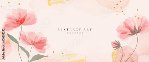 Spring floral in watercolor vector background. Luxury flower wallpaper design with wild flowers, line art, golden texture. Elegant gold botanical illustration suitable for fabric, prints, cover.