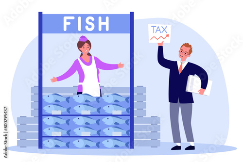 Man showing tax chart to shocked seller at fish stall. Commercial maritime activity, woman selling fish, increasing tax on salmon vector illustration. Seafood industry, aquaculture concept