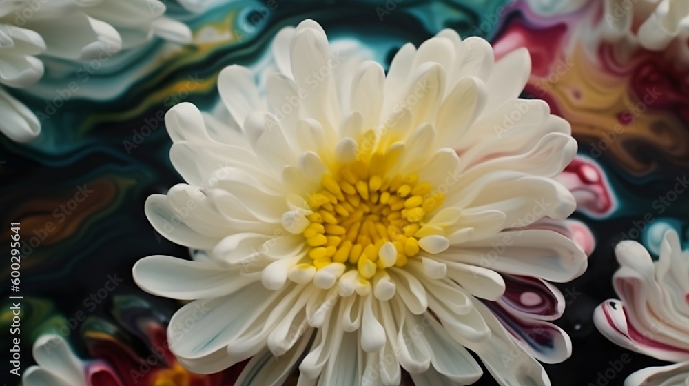 A white chrysanthemum in watercolor texture with a yellow center. Created with Generative AI tools.