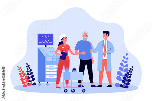 Nurse and doctor consulting senior man vector illustration. Cartoon drawing of elderly person at health check-up with medical professionals and equipment. Healthcare, elderly care, medicine concept
