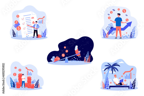 People earning money passively vector illustrations set. Cartoon drawing of men and women with financial freedom and growth, success and investment. Passive income, finances, investment concept