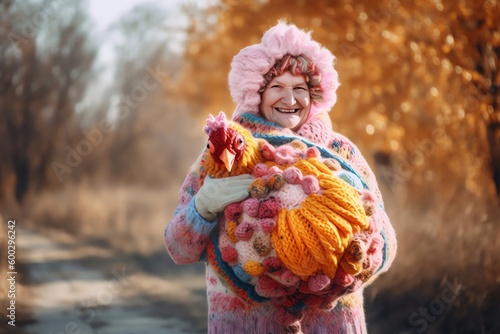 happy old woman with rooster