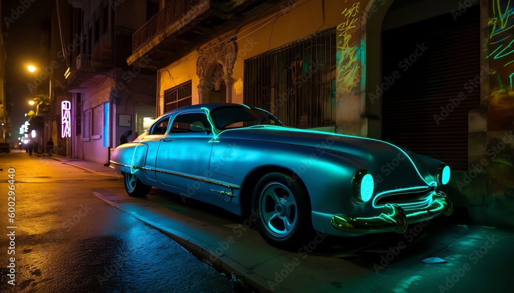 sport car on the street at night with lights