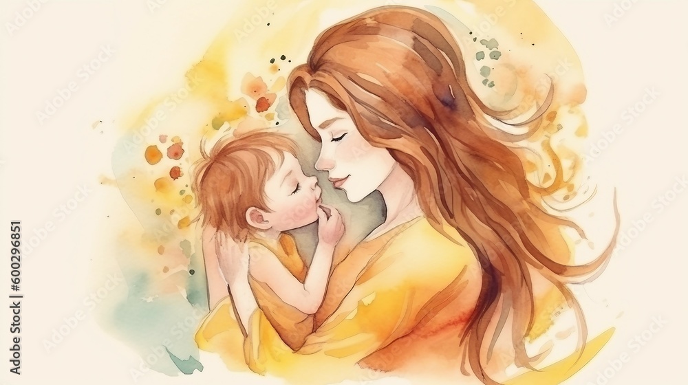 Watercolor illustration of a mother holding her child. Generative AI.