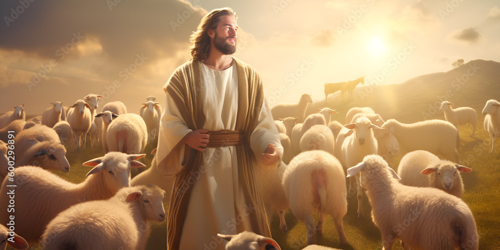 Jesus  Good Shepherd standing in the lambs generative ai - obrazy, fototapety, plakaty 