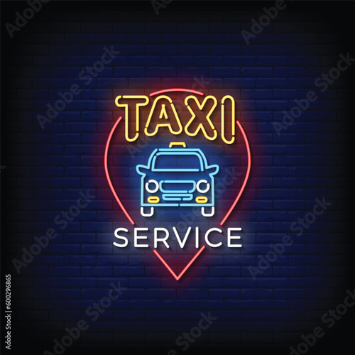 Neon Sign taxi service with brick wall background vector