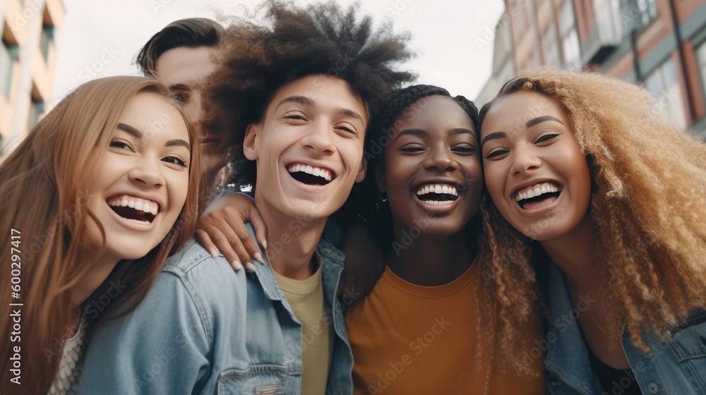 Multiracial group of friends having fun together outdoors on city street- Young cheerful people walking hugging outside- Next gen z lifestyle concept-Smiling student enjoying vacation. Generative AI Multiracial group of friends having fun together outdoors on city street- Young cheerful people walking hugging outside- Next gen z lifestyle concept-Smiling student enjoying vacation. Generative AI