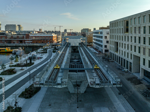 Photography Aerial view of modern metro subway above ground end station at Orientkaj with do