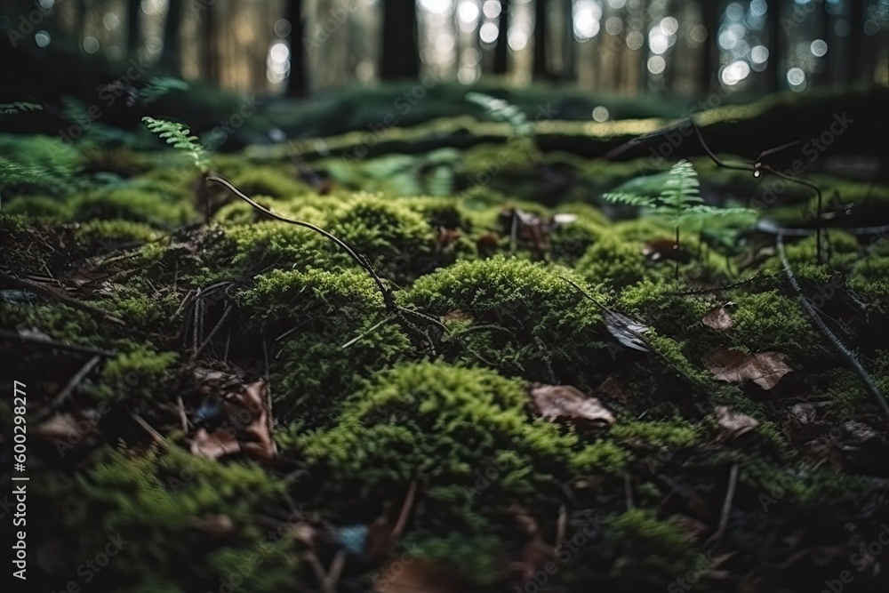 Close-Up View of Moss Covered Forest Floor Generative AI Close-Up View of Moss Covered Forest Floor Generative AI