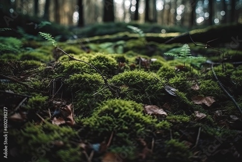 Close-Up View of Moss Covered Forest Floor Generative AI