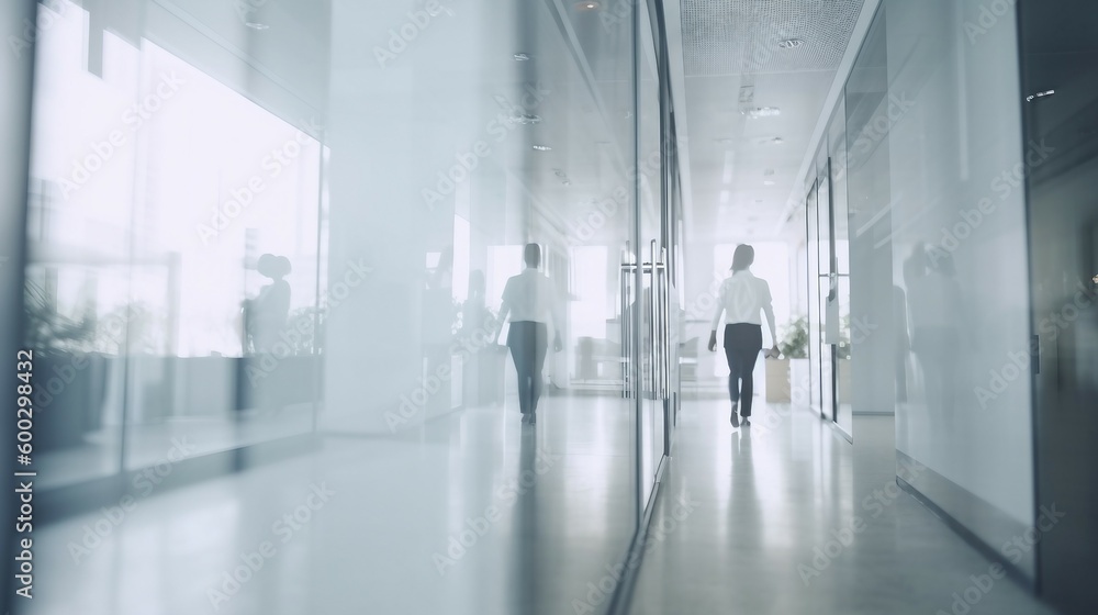 Blurred people walking in an office with glass windows. Generative AI.