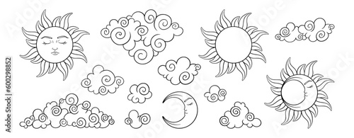 Aesthetic set for astrology, fortunetellers and celestial alchemy. Bohemian art for the zodiac, tarot, horoscopes and witchcraft. Vector illustration isolated in white background