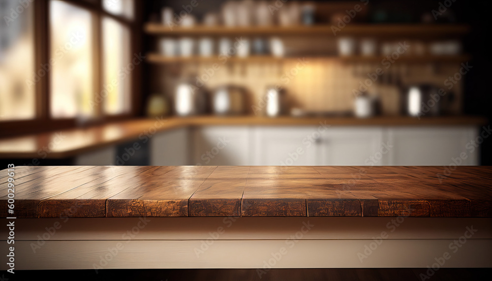 Empty wooden table with kitchen in background
