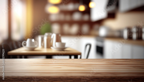 Empty wooden table with kitchen in background