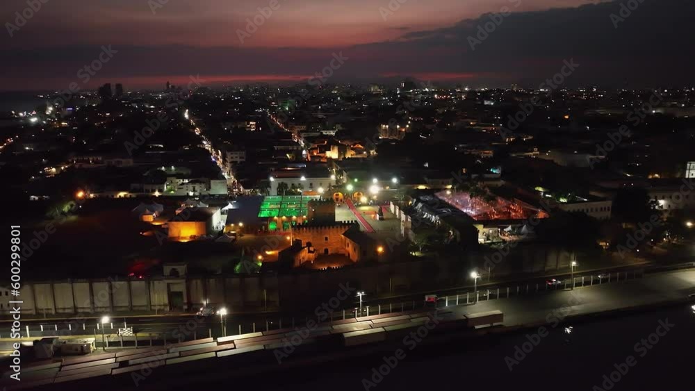 Ozama fortress during XXVIII Ibero-American Summit of Heads of State and Government, Santo Domingo in Dominican Republic 2023. Aerial drone panoramic view at evening Ozama fortress during XXVIII Ibero-American Summit of Heads of State and Government, Santo Domingo in Dominican Republic 2023. Aerial drone panoramic view at evening