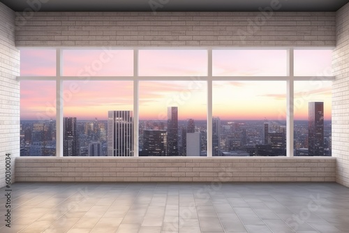 an empty room with a floor-to-ceiling window offering a panoramic view of a bustling cityscape Generative AI