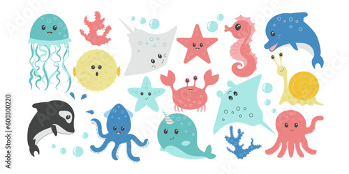 Set of sea life elements. Collection of cute sea animals. Vector doodle cartoon set of marine life objects.
