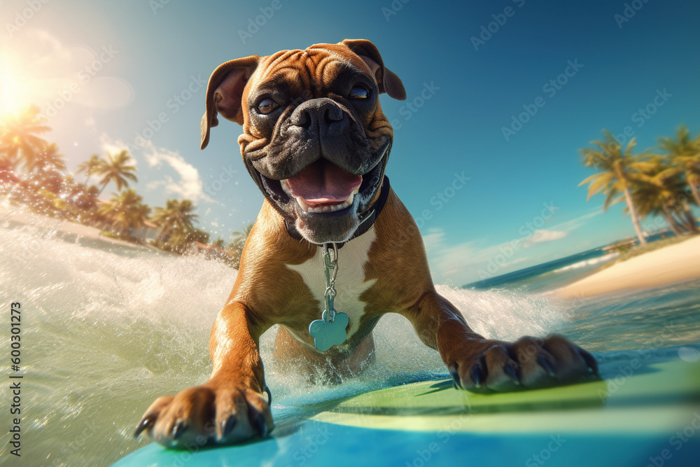 Surfing Boxer Delight: Sunglassed Pooch Hangs Ten on the Ocean Waves - Generative AI