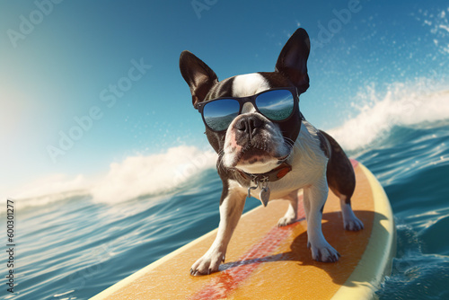 Surf's Up, Boston Terrier Style: Cute Dog Enjoys Ocean Adventures in Sunglasses - Generative AI © Wanlop
