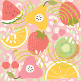 Seamless pattern of fruits background elements. Set with hand drawn fruit doodles. Tropical pattern of banana, apple, pear, peach, strawberry, lemon, cherry, and watermelon, kiwi