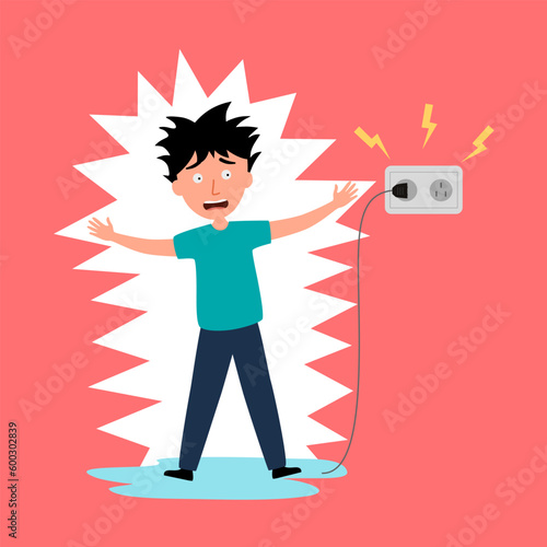 Electric shock risk concept vector illustration. Man standing on wet floor and get electric shock in flat design. Electric safety caution.