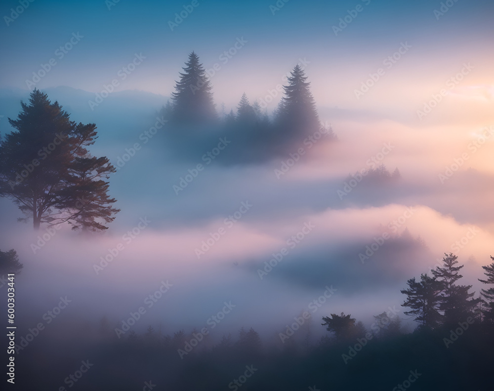 Landschaftsbild  mit Nebel Wald Bäume Ai generiert