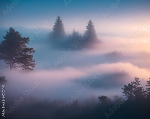 Landschaftsbild mit Nebel Wald Bäume Ai generiert