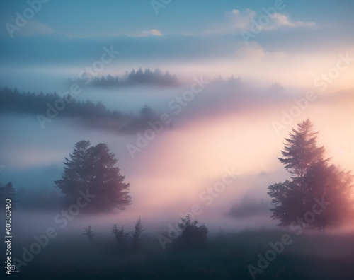 Landschaftsbild  mit Nebel Wald B  ume Ai generiert